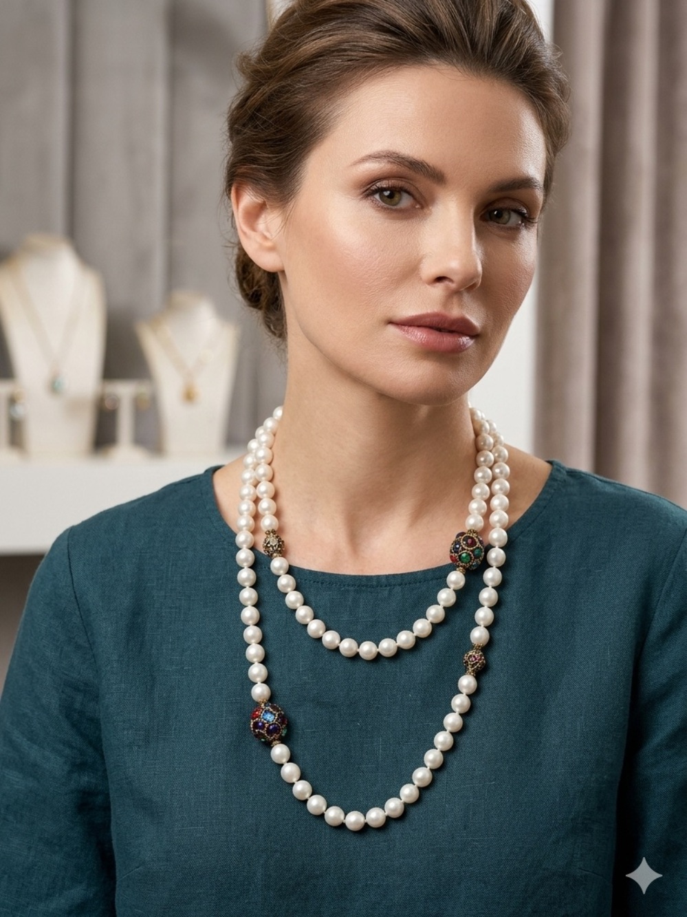 Vintage Elegant Pearl Necklace with Colorful Accents